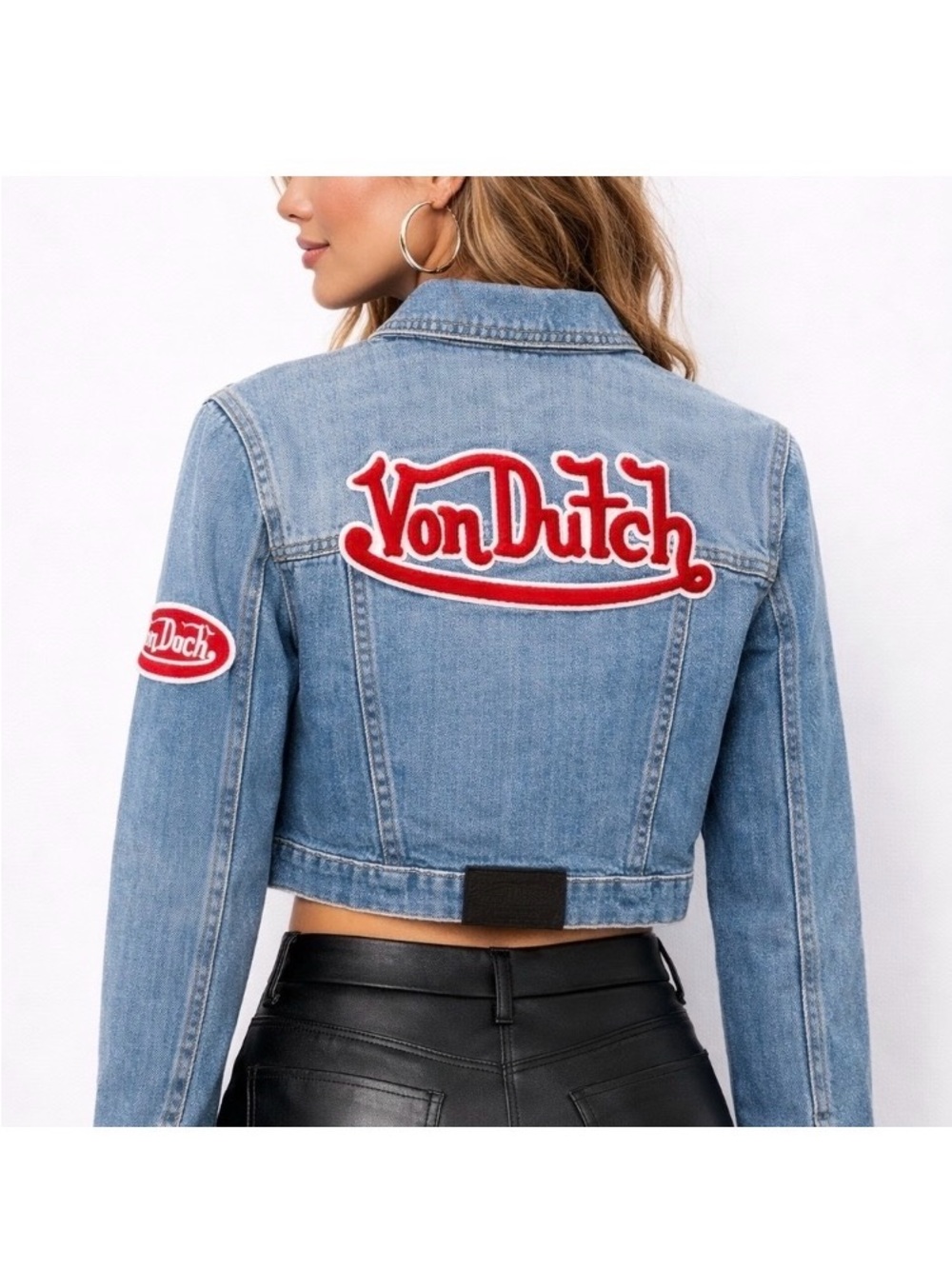 Von Dutch Women’s Cropped Denim Jacket Y2K Logo Patch Blue Jean Trucker Size L - Picture 1 of 10